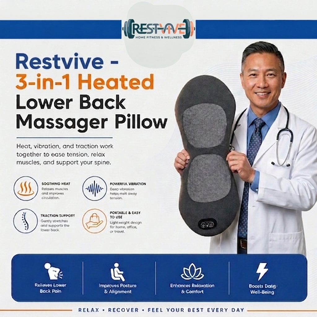 Restvive 3-in-1 heated lower back massager pillow, shown from the front