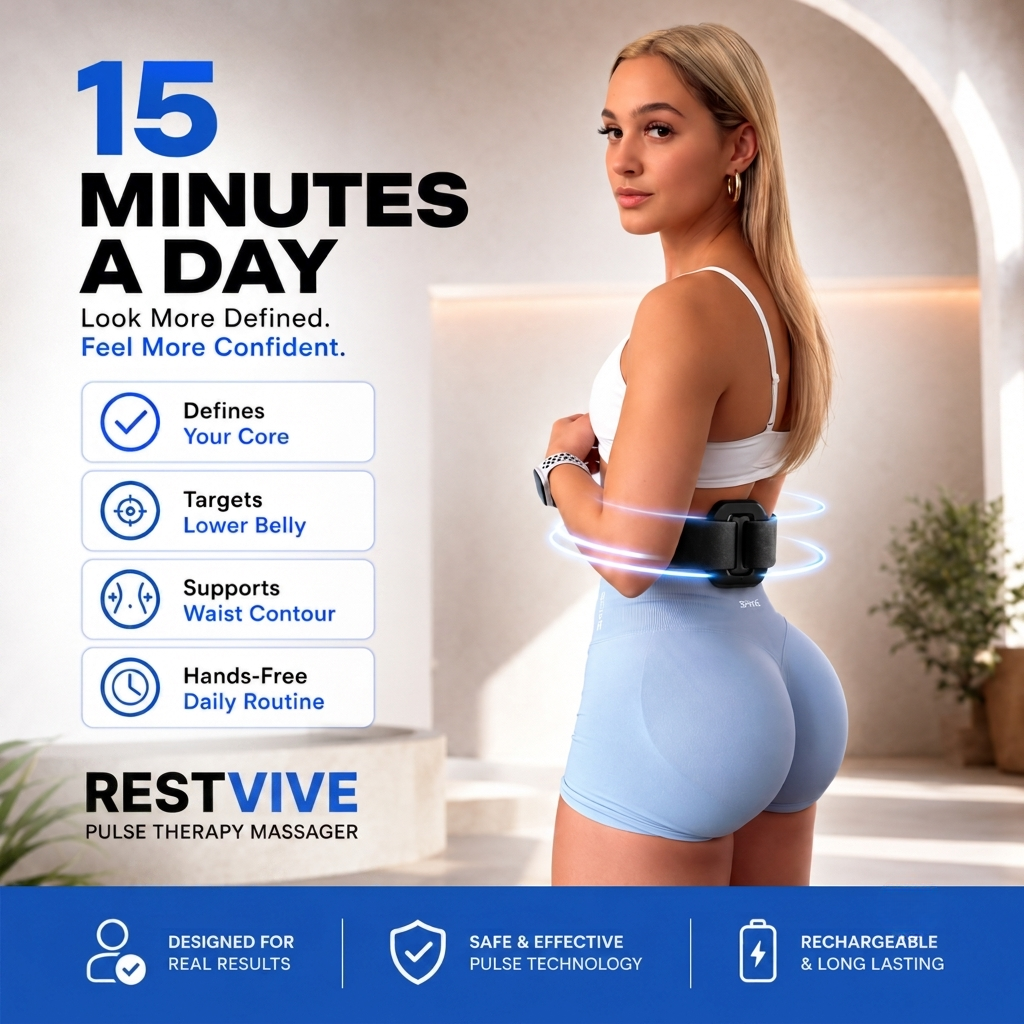 Restvive massager worn hands-free around the waist during a home session