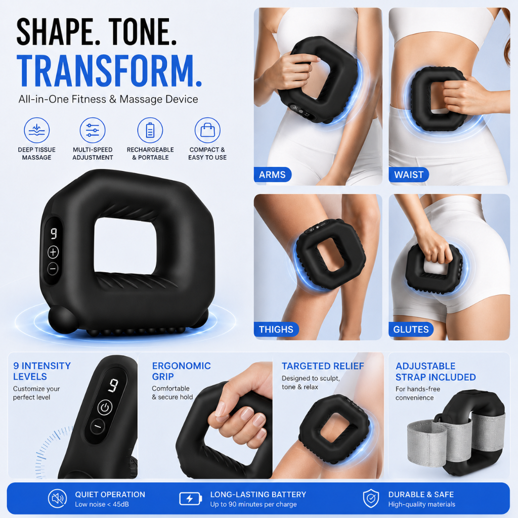 The Restvive massager being used on the arm, thigh and calf