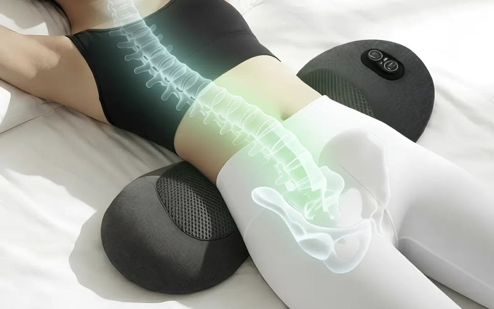 The pillow elevating to support the natural curve of the lower spine