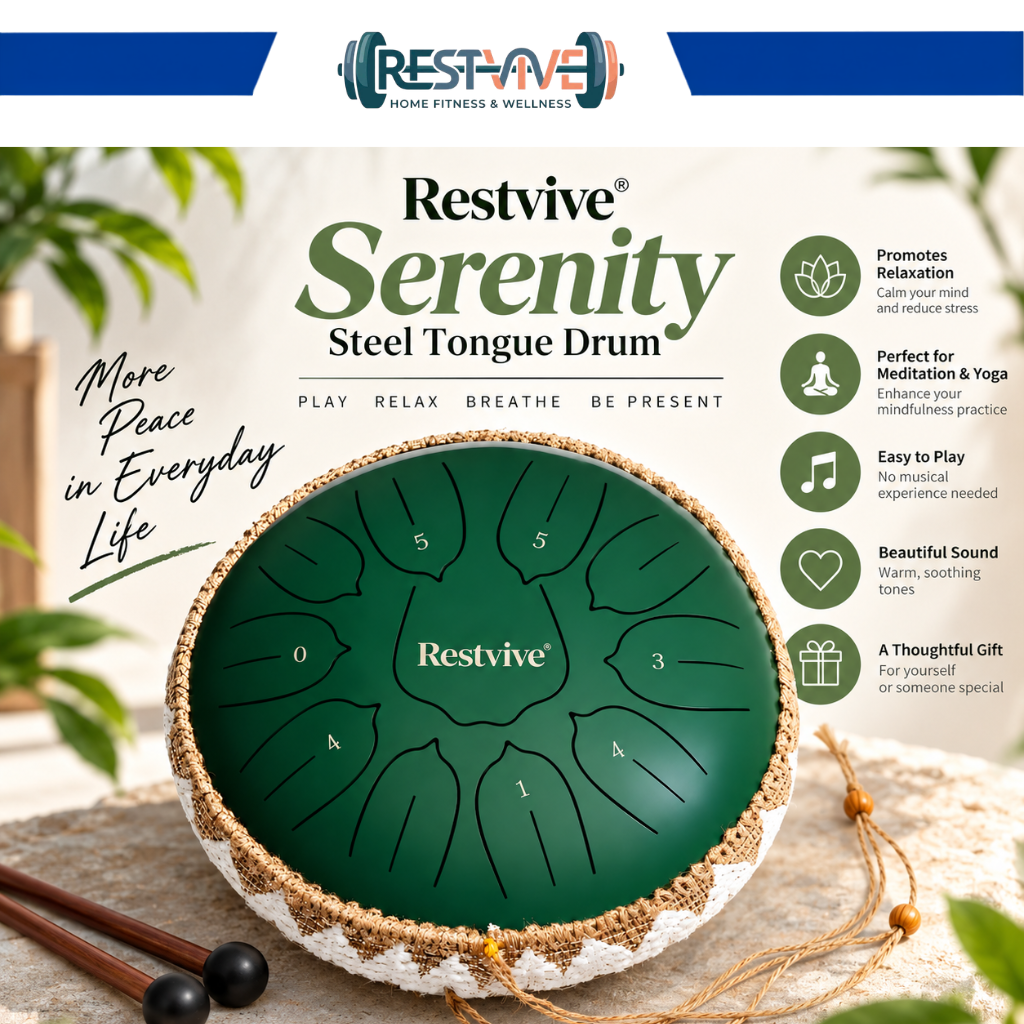Restvive Serenity Steel Tongue Drum in green with mallets, showing benefits for relaxation, meditation, easy play and gifting