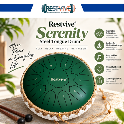 Restvive Serenity Steel Tongue Drum in green with mallets, showing benefits for relaxation, meditation, easy play and gifting