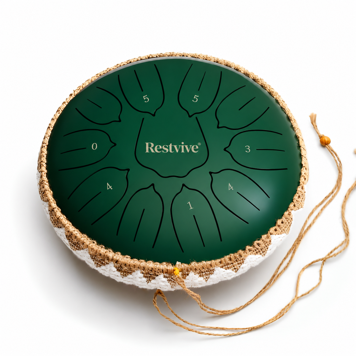 Angled view of the green Restvive Serenity Steel Tongue Drum with woven rope trim and carry cord